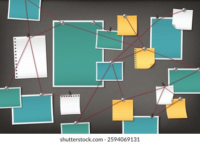 Detective board with pinned papers connected by red strings. Turquoise photos, yellow sticky notes and white memo sheets attached to dark cork background. Investigation wall with relationship network.