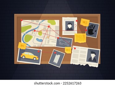 Cartel de detectives con pines y evidencia. Una pizarra con fotos de criminales, un auto, periódicos, notas, hilos, un análisis estructural de un mapa en una pared oscura. Plan de investigación policial