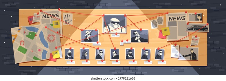 Detective Board with pins and evidence, cops crime detective investigation plan. Board with photos of criminals, newspapers, notes, map structural analysis on dark wall. Cartoon vector illustration.