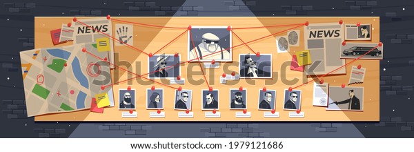 Detective Board with pins and evidence,\
cops crime detective investigation plan. Board with photos of\
criminals, newspapers, notes, map structural analysis on dark wall.\
Cartoon vector\
illustration.