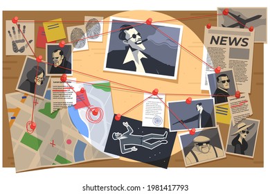 Detective board with pins and evidence, crime investigation fingerprints, photos of suspected criminals, crime scenes, map, and clues connected by red string. Cartoon vector illustration.