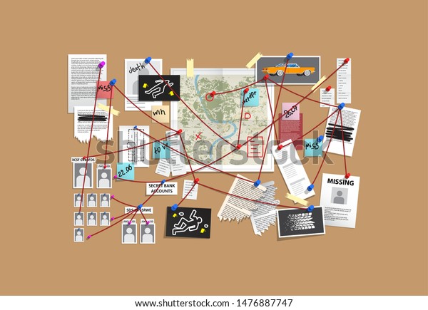 Detective Board with pins and evidence,
crime investigation