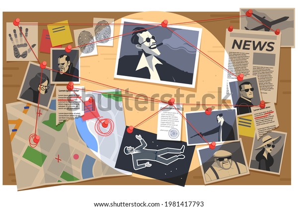 Detective board with pins and evidence, crime investigation fingerprints, photos of suspected criminals, crime scenes, map, and clues connected by red string. Cartoon vector illustration.