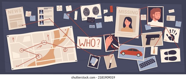 Detective Board With Pins And Evidences On Wall, Crime Investigation Vector Illustration. Cartoon Map, Newspaper Articles, Photos Of Victim, Criminal Weapon And Vehicle With Connection By Red Thread