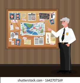 Detective board policeman composition with doodle style human character of investigating officer looking at investigation materials vector illustration