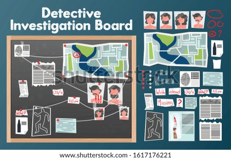 Detective board set with text and isolated images of pins photographs of suspects with newspaper clippings vector illustration