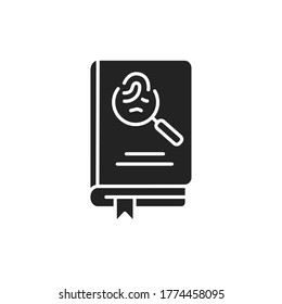 Detective book black glyph icon. A sub-genre of crime and mystery fiction. An investigator investigates a crime, often murder. Pictogram for web page, mobile app, promo. UI UX GUI design element.