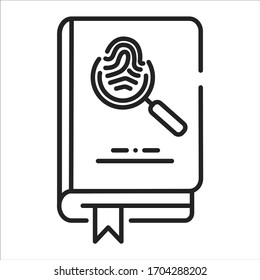 Detective book black line icon. A sub-genre of crime and mystery fiction. An investigator investigates a crime, often murder. Pictogram for web page, mobile app, promo. UI UX GUI design element