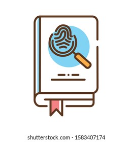 Detective book color line icon. A sub-genre of crime and mystery fiction. An investigator investigates a crime, often murder. Pictogram for web page, mobile app, promo. UI UX GUI design element.