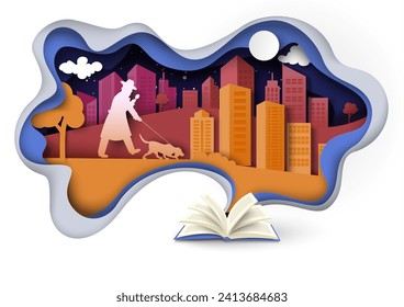 Detective book papercut design with investigator holding magnifying glass and dog on leash following trail over cityscape background vector illustration. Fascinating literature concept