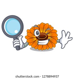 Detective calendula flowers in a cartoon basket