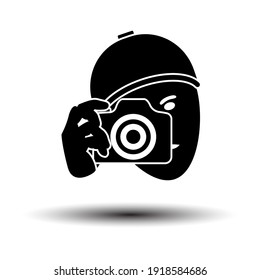Detective With Camera Icon. Black on White Background With Shadow. Vector Illustration.