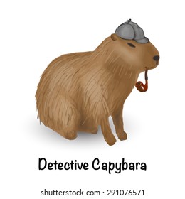 Detective Capybara with a cap and tobacco pipe. Vector illustration.