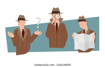 Detective Cartoon Character. Man Wearing Fedora Hat Ivestigating A Murder With Question Mark, Magnifying Glass And Map Or Newspaper.