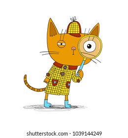 Detective cat in coat. Vector children book character illustration.