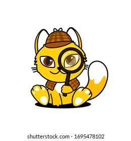 Detective cat in coat. Vector children book character illustration. A mascot cat looking into the magnifying glass.