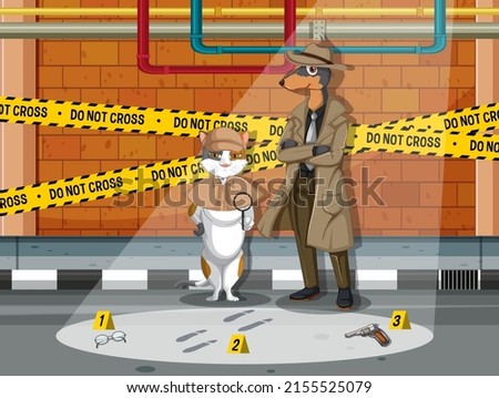 Detective cat and dog looking for clues in template illustration