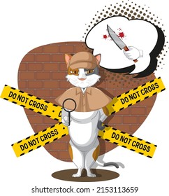 Detective cat looking for clues in template illustration