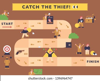 A detective catching a thief. Board game map concept. flat design style minimal vector illustration