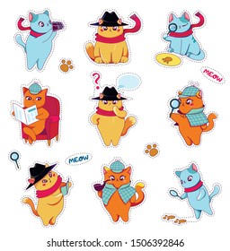 Detective Cats Stickers Set in Hat and Scarf, with Magnifying Glass, Pipe, Camera Flat Cartoon Vector Illustration. Isolated Animals on White Background. Kitten Sitting on Armchair and Reading Paper.