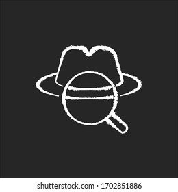 Detective Chalk White Icon On Black Background. Traditional Movie Genre, Classic Noir Film. Murder Mystery, Crime Investigation. Felt Hat And Magnifying Glass Isolated Vector Chalkboard Illustration