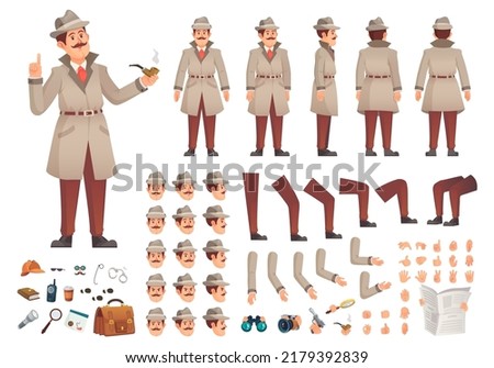 Detective character animation. Investigator cartoon characters creation, mystery explorer private investigation, avatar gesture construction ingenious vector illustration of detective male animation