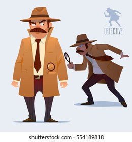 detective character design, cartoon flat style, vector color illustration, detective looking through magnifying glass 