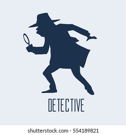 detective character design, cartoon flat style, vector illustration, detective looking through magnifying glass, silhouette