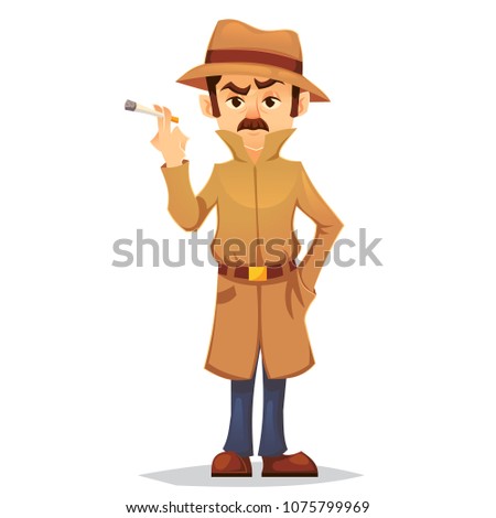 detective character design, cartoon flat style, vector color illustration, noir detective smoking cigarette eps10
