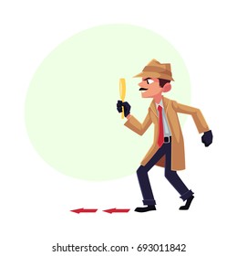 Detective character following, tiptoeing after somebody with magnifying glass, cartoon vector illustration with space for text. Full length portrait of funny detective character at work