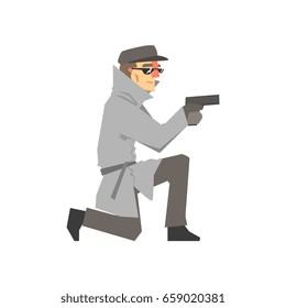 Detective character in a gray coat aiming a gun knees, private investigator, inspector or police officer vector Illustration