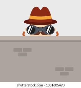 Detective character looking through binoculars behind the wall. Police detective and inspector cartoon.