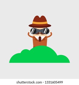 Detective character looking through binoculars from bush. Police detective and inspector cartoon.