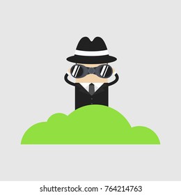 Detective character looking through binoculars from bush, spying, cartoon vector