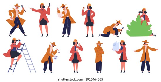 Detective character. Male and female private detectives and inspectors investigate crime and look for evidence. Police detectives vector illustration set. Agent officer in overcoat, female and male