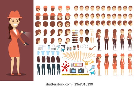 Detective character set for the animation with various views, hairstyle, emotion, pose and gesture. Coffee, gun and footprint. Flat vector illustration