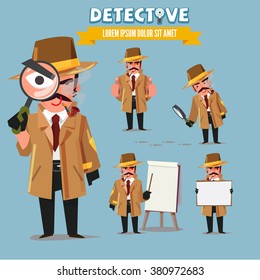 Detective character set. character design with typographic - vector illustration