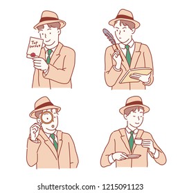 Detective character set. hand drawn style vector design illustrations.