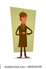 Detective character thinking and smoking tobacco pipe. Vector cartoon illustration
