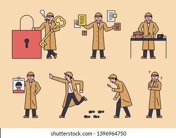 Detective characters investigate crime cases. A set of things a detective does. flat design style minimal vector illustration