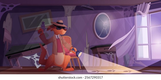 Detective characters. Zoo animals roleplay detective activities something looking and searching evidence exact vector background in cartoon style