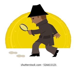 Detective Clip-Art - Cartoon clip art of a detective holding a magnifying glass and looking at footprints. Eps10