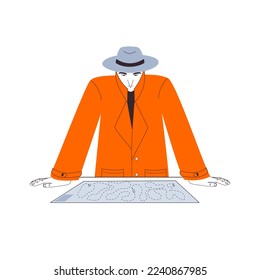 Detective in cloak and hat investigates case, looks at map, cartoon character, flat design