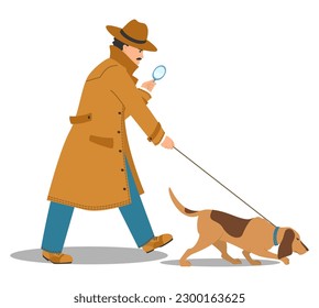 Detective in coat and hat holding magnifying glass follows trail with dog vector illustration isolated on white background. Investigation crime concept