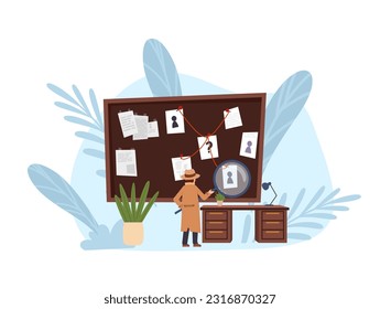 Detective collecting evidence on big board, cartoon flat vector illustration isolated on white background. Detective looking through magnifier at investigation plant. Board with pins and notes.