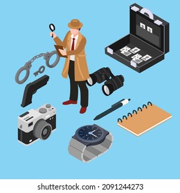 Conjunto de colección de detectives concepto isométrico 3d vector para banner, sitio web, ilustración, página de aterrizaje, volante, etc.