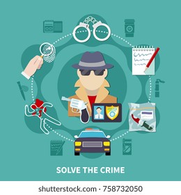 Detective colored composition with solve the crime description and icon set around pic vector illustration