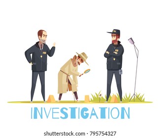 Detective composition with doodle style human characters of policemen in uniform and private detective with magnifying lens vector illustration