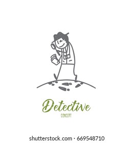 Detective concept. Hand drawn detective man doing criminal investigation. Person with lens symbol of detective isolated vector illustration.