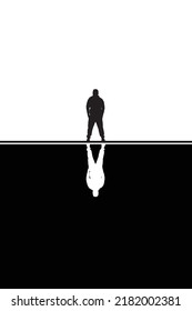 Detective. Creative, retro illustration vector. Man standing silhouette Mirror Reflection Shadow. Silhouette of a person in a background.